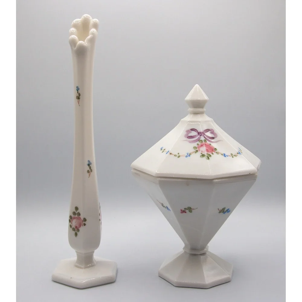 Vintage Milk Glass Floral Bud Vase‎ and Lidded Candy Dish Set Hand Painted Roses